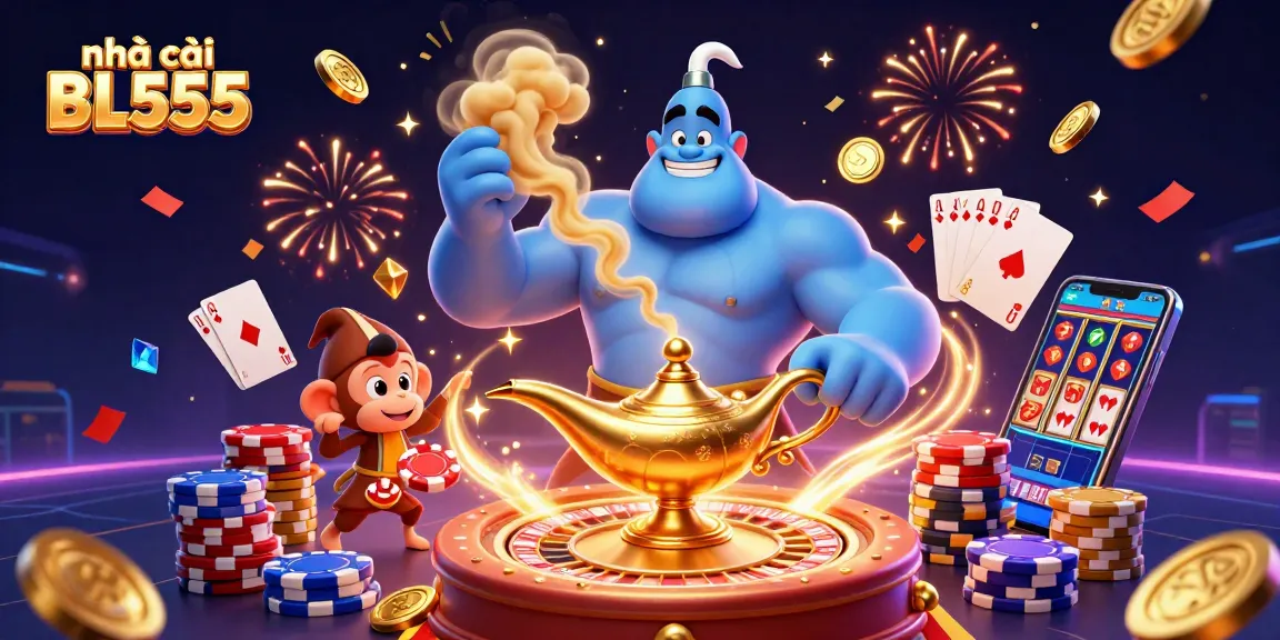 Experience thrilling gaming at nhà cái BL555 with a vibrant 3D illustration featuring magical casino elements and characters.