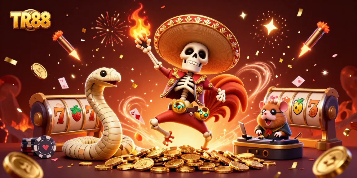 Win big with TR 88 at this vibrant casino illustration featuring lively 3D characters amidst slot reels.