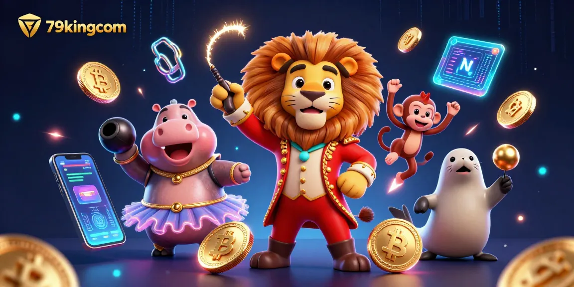 Experience thrilling fun at 79kingcom with a vibrant 3D casino illustration of playful circus characters.