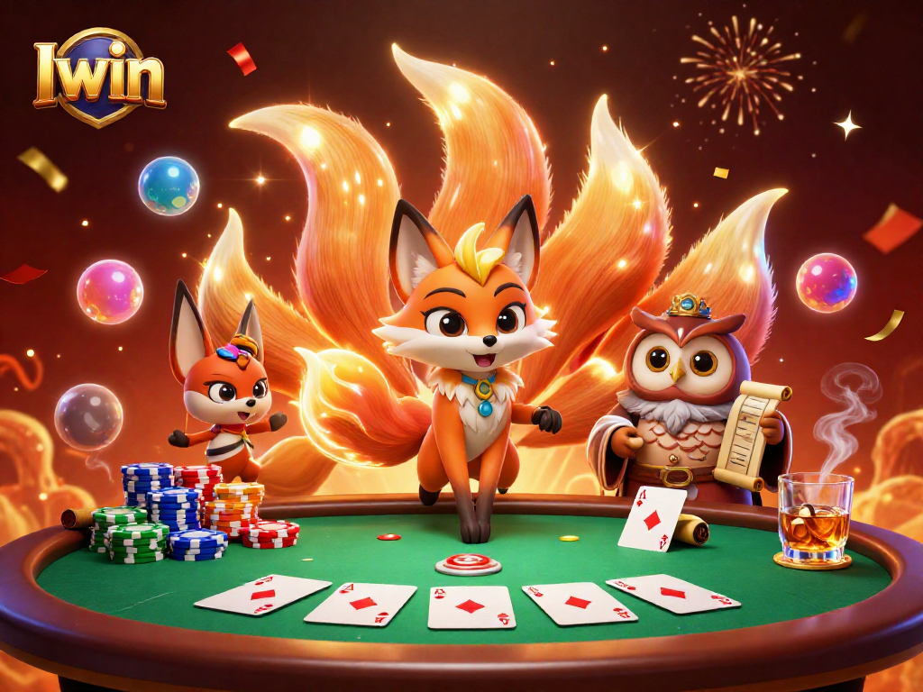 Iwin showcases an exciting poker scene with vibrant characters and casino elements, perfect for gamblers.