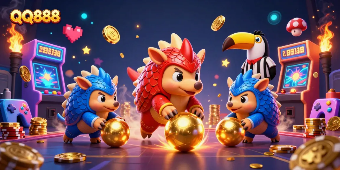 Engage in thrilling action with QQ888 as cartoon pangolins bowl through poker chips in a vibrant casino setting.
