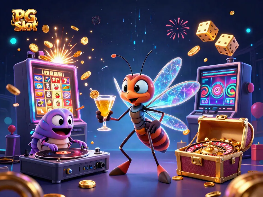 Visualisasi menarik tentang PG Slot dengan karakter kasino 3D dan elemen slot mendampingi.