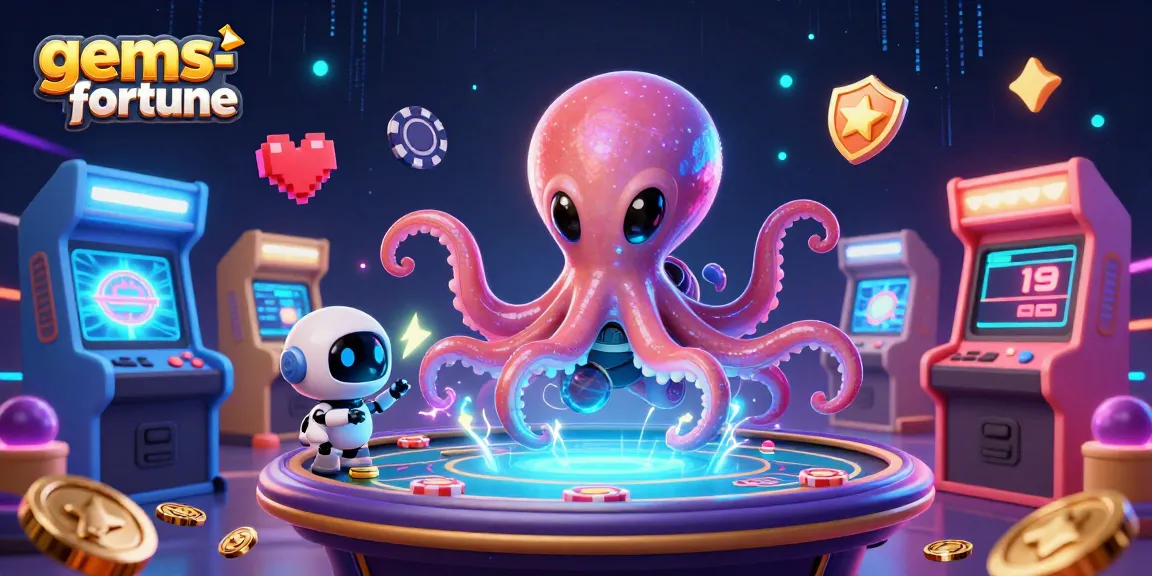 Spin the reels of gems-fortune with our lively alien octopus at a glowing poker table, chasing jackpots!