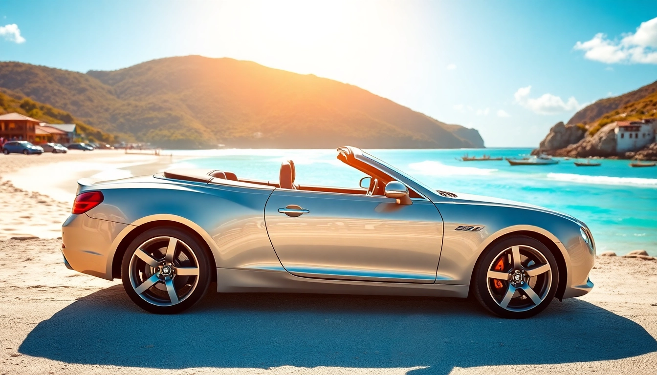 Rent a car saint barth with a shiny convertible parked on the sandy beach, highlighting the tropical setting.