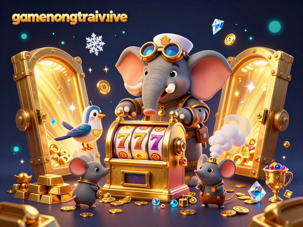 Spin the reels with gamenongtraivuive as a steampunk elephant operates a golden slot machine.
