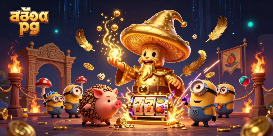 Engage with exciting สล็อต pg slots featuring a golden wizard, truffle pig, and vibrant gaming elements.