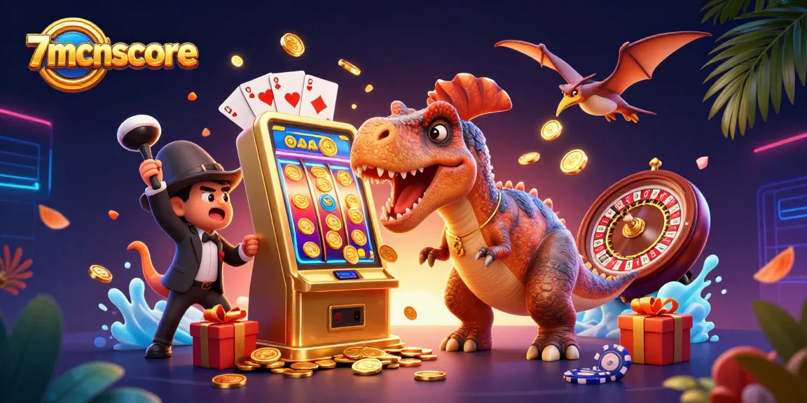 7mcnscore celebrates slots with a vibrant 3D scene of dinosaurs and jackpot coins flying