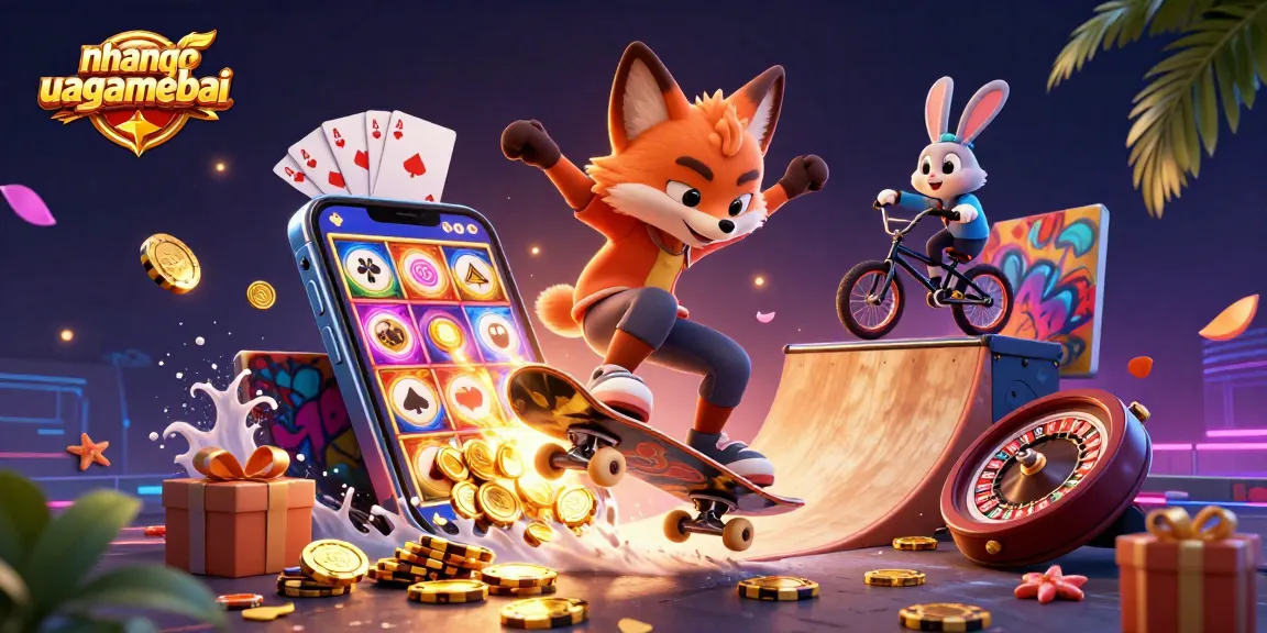 Engage with nhanquagamebai through a thrilling illustration of a cartoon fox and rabbit in an energetic casino scene.