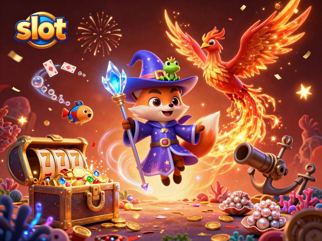Spin the slot machine amidst a mystical gaming adventure with a wizard, phoenix, and treasures.
