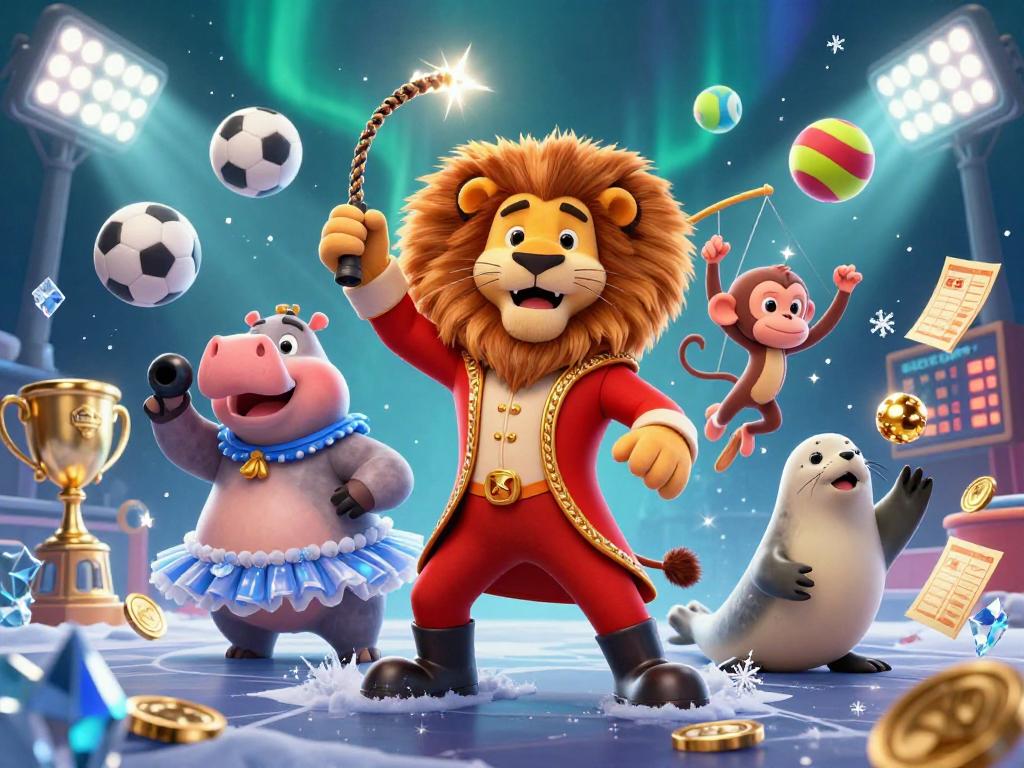 Experience loto-games excitement with a vibrant 3D circus scene featuring dynamic characters and gaming elements.