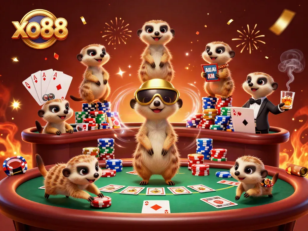 Experience the thrill of winning at xo88 with playful meerkats in a vibrant casino scene.