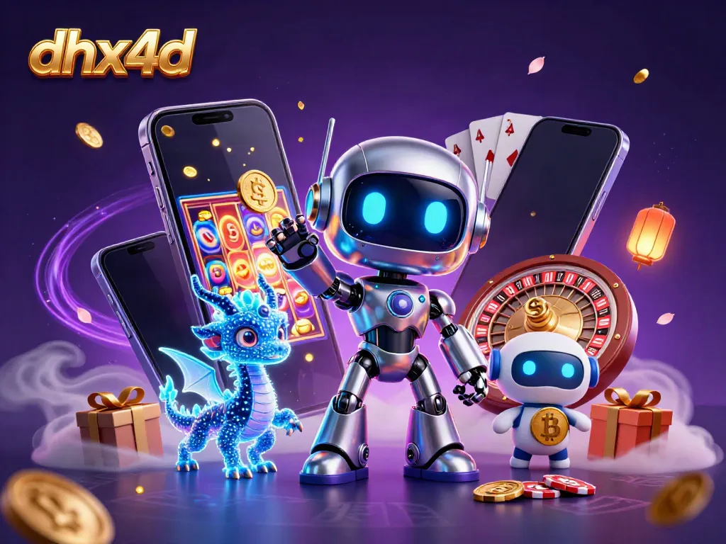 Permainan dhx4d dengan robot cyberpunk dan naga holografik dikelilingi elemen kasino yang mendebarkan.