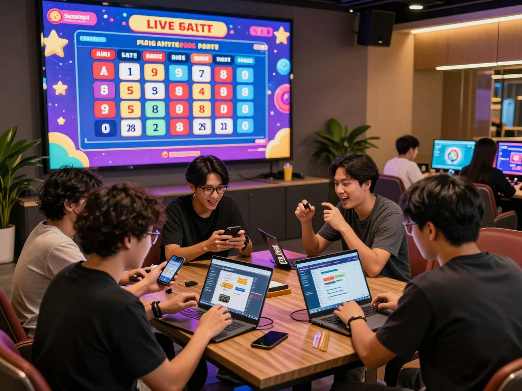 Dewatogel online lottery scene with players engaging in vibrant gaming atmosphere, discussing strategies