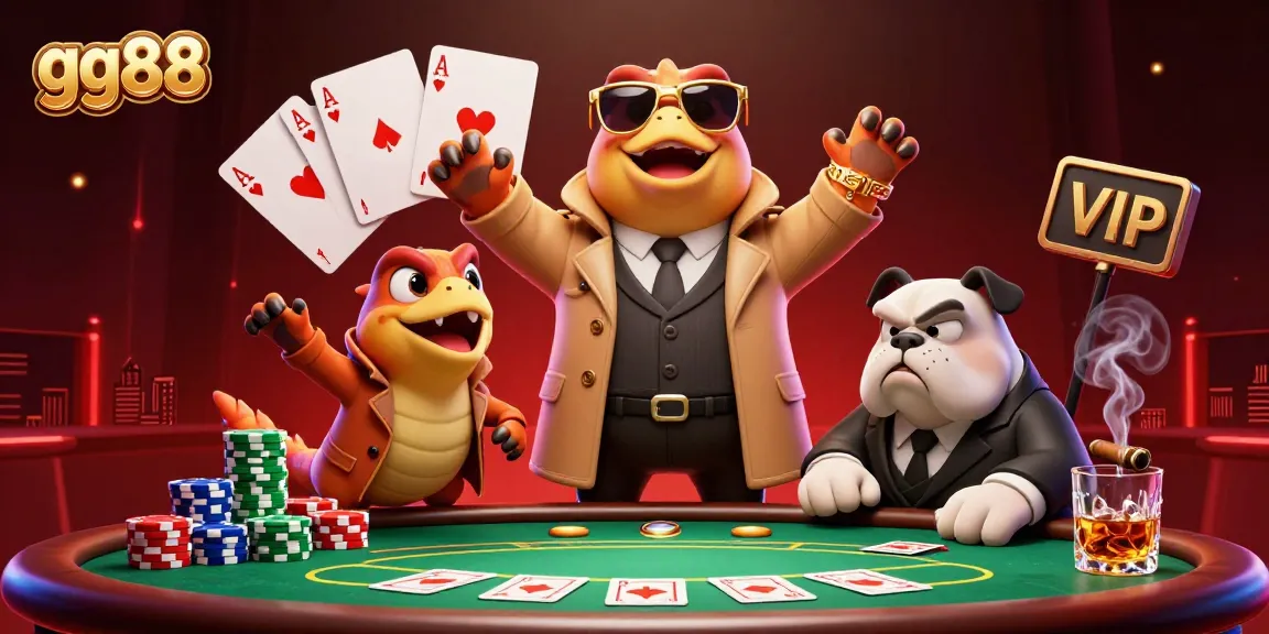 Experience gaming excitement at gg88 with cartoon raptors entering a VIP casino lounge surrounded by poker elements.