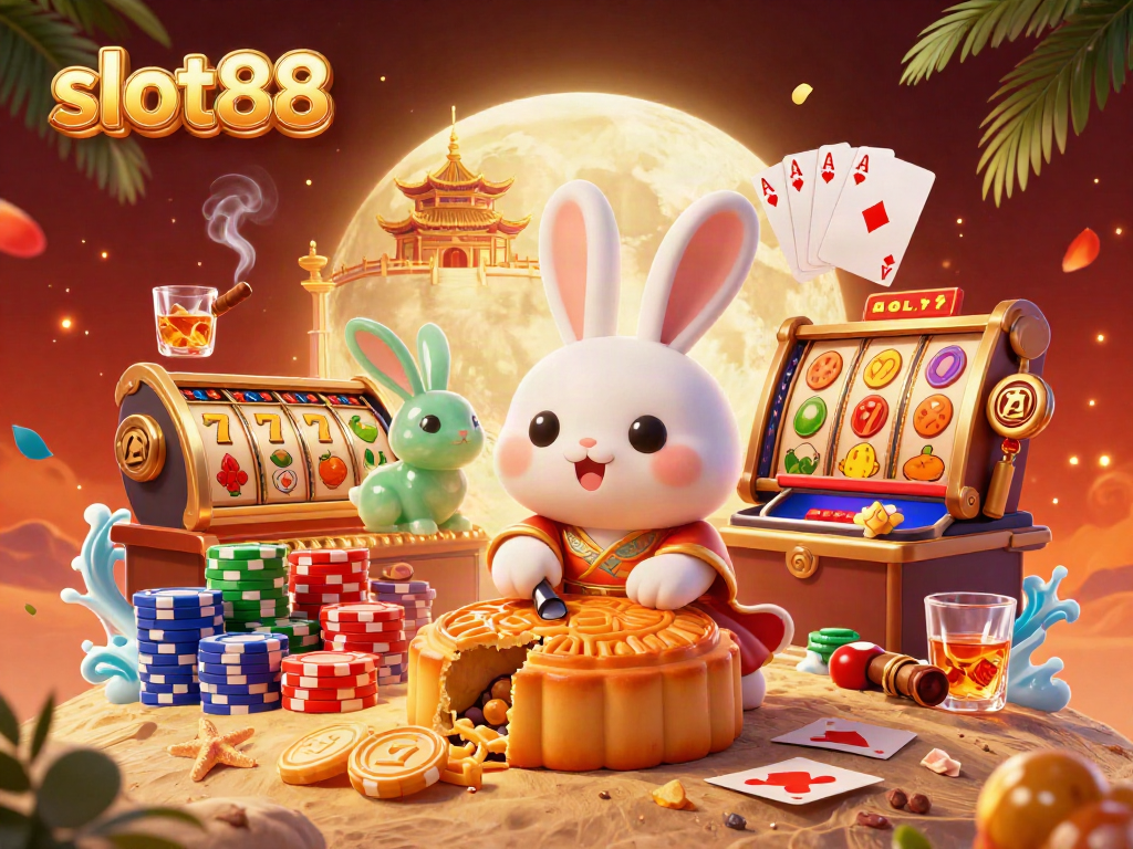 Experience slot88 in an enchanting moonlit scene featuring a folklore rabbit alongside vibrant casino elements.