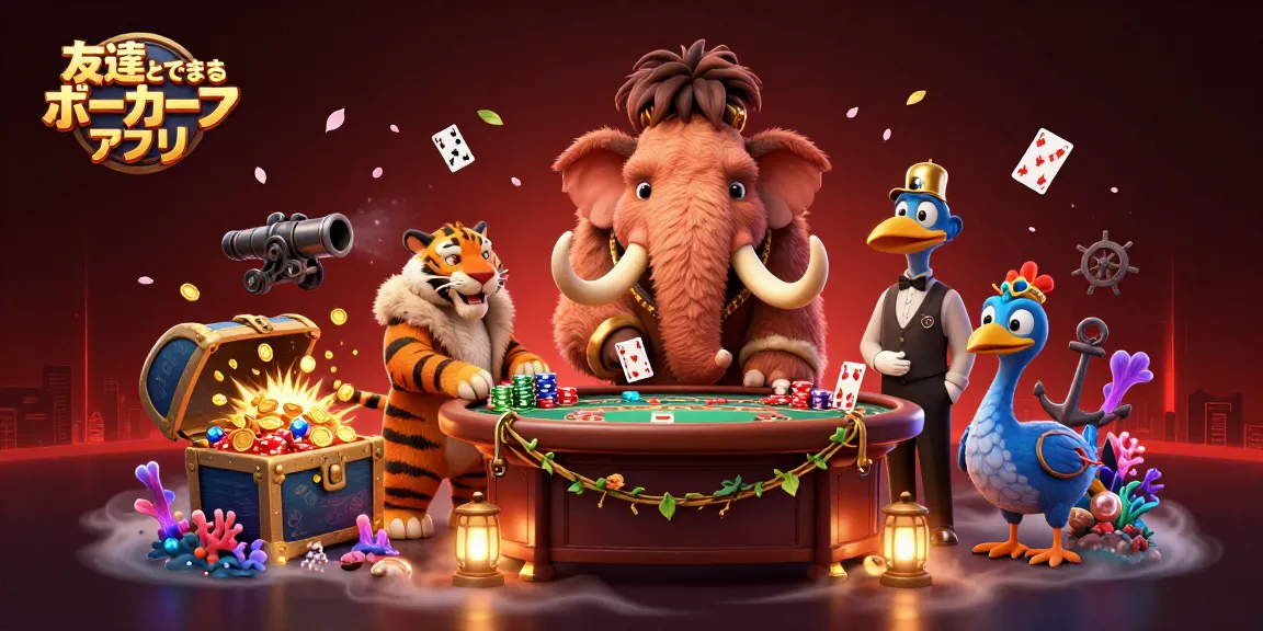 友達とできるポーカーアプリでのキャッシュゲームやボードゲームを楽しむシーン。