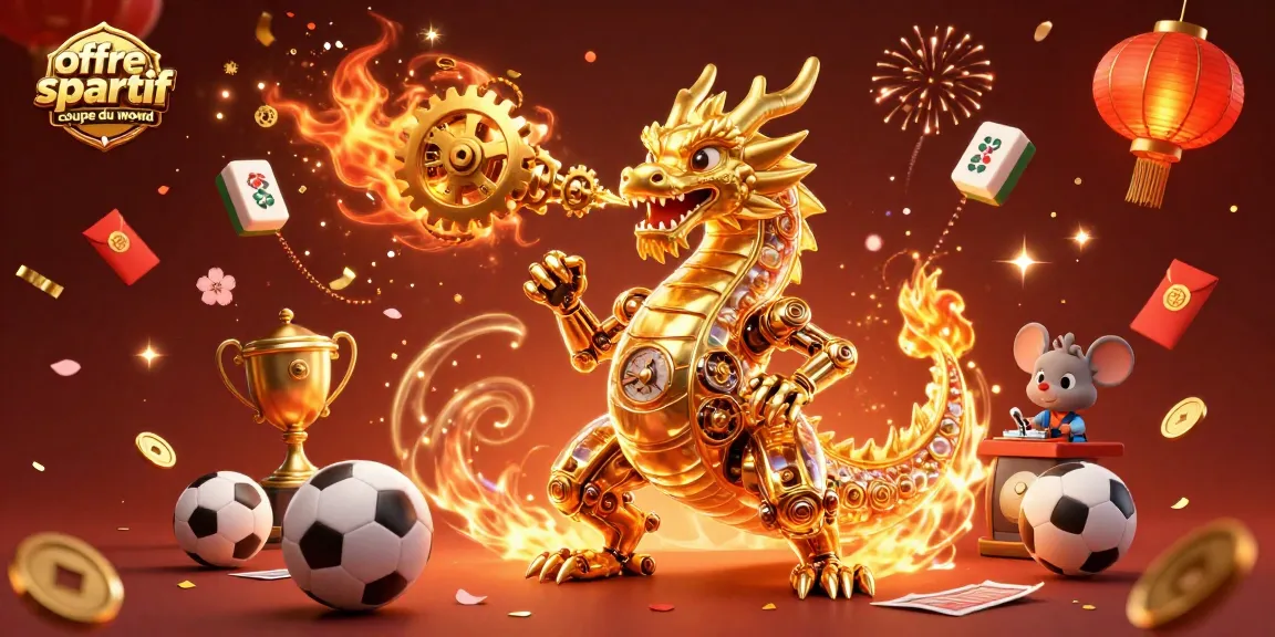 Offre paris sportif coupe du monde : dragon doré avec éléments de paris sportifs et festivités.
