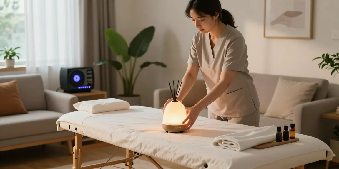 In-home 성남출장안마 service setup with a massage therapist preparing for a relaxing experience in a cozy living room environment.