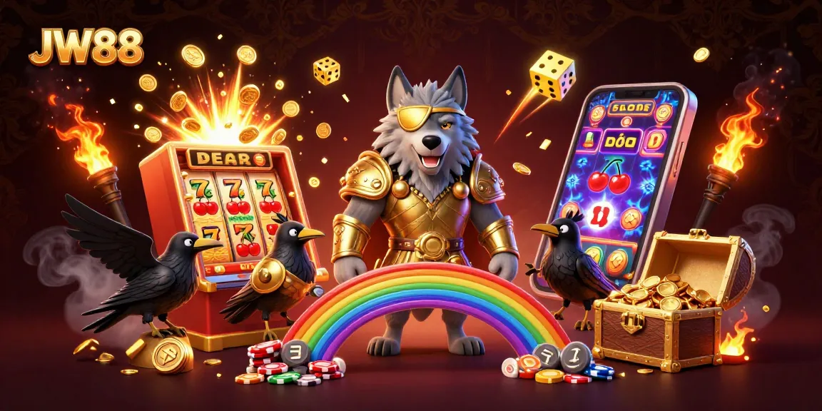 Experience JW88's thrilling casino world with Odin and ravens amidst vibrant gaming elements.
