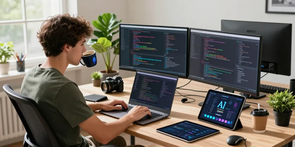 Young programmer coding AI 18+ algorithms in a modern workspace with vibrant sunlight.