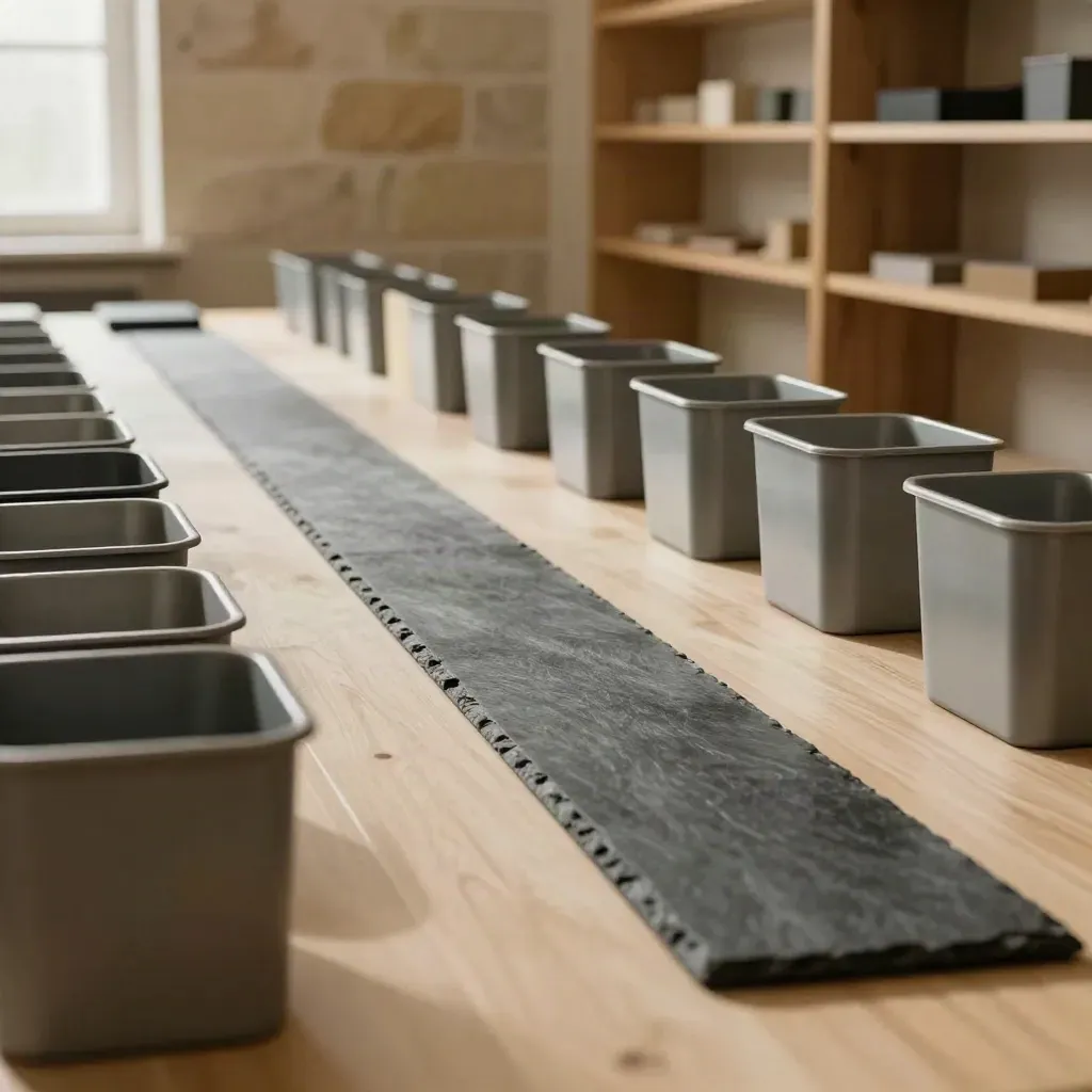 Deserted intake counter with aligned trays and bins under warm window light