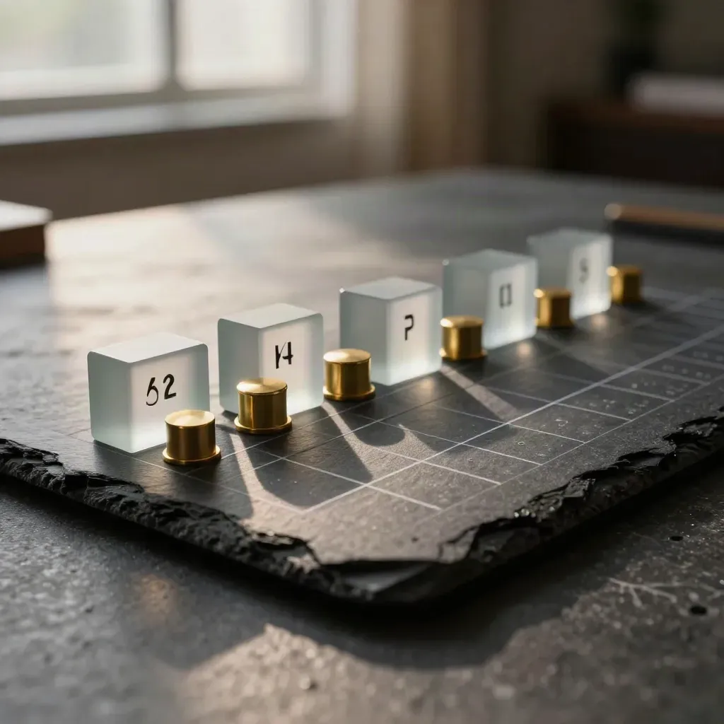 Brass pucks and glass counters on a slate grid tray in dramatic side light.
