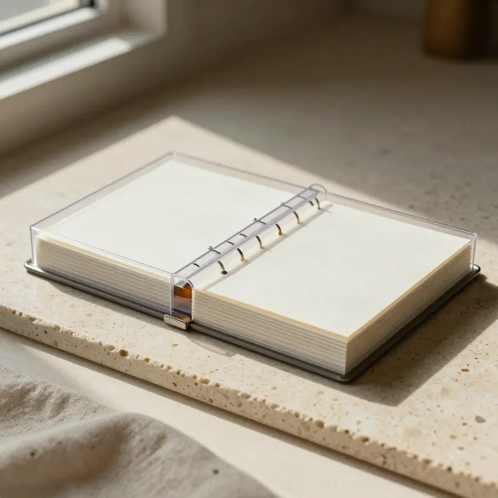 Bound SOP kit on linen mat with tray divider tabs, metal spine, and stamp block