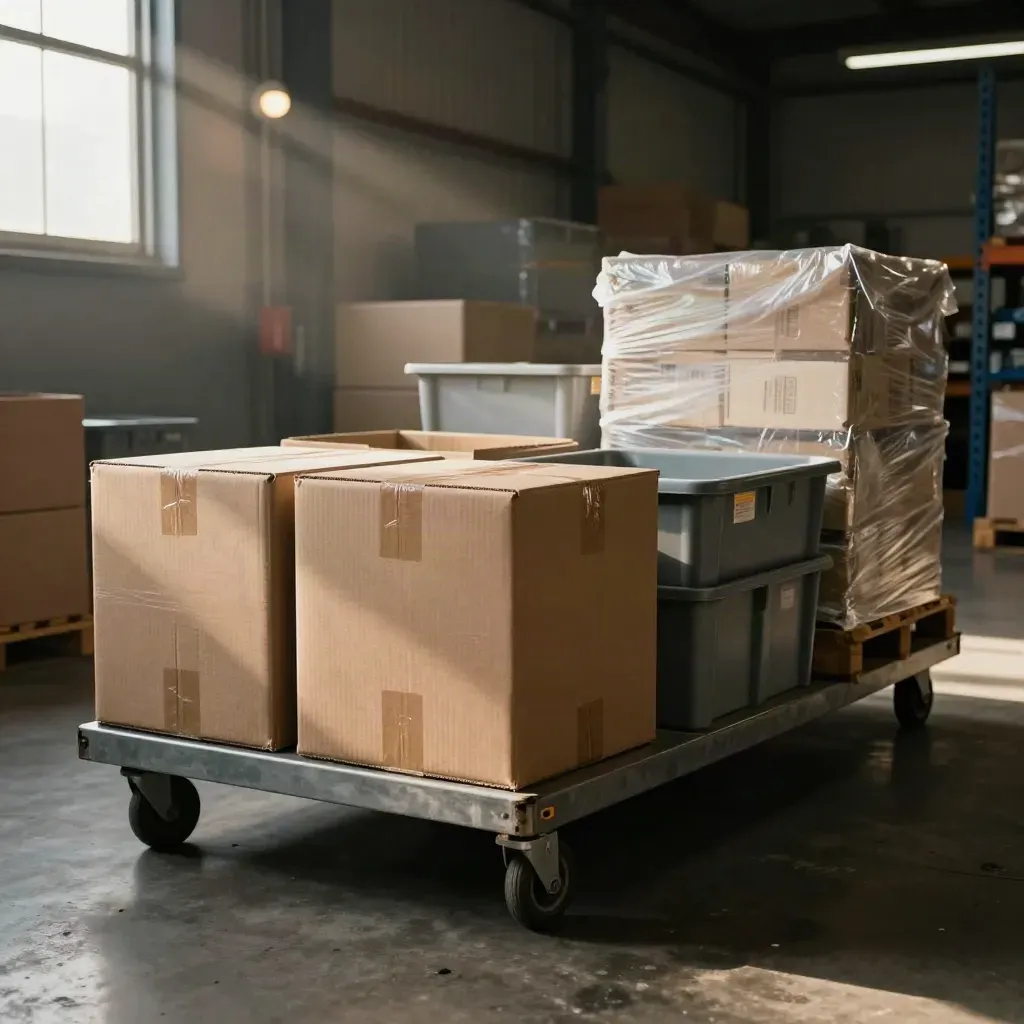 Warehouse dispatch lane with sealed crates, pick totes, and shrink-wrapped pallets in warm late light.