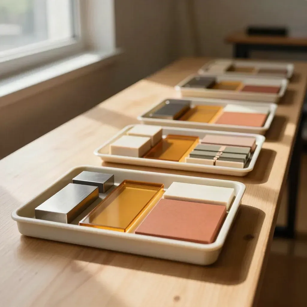 Row of training kits and trays on a sunlit oak bench with warm shadows