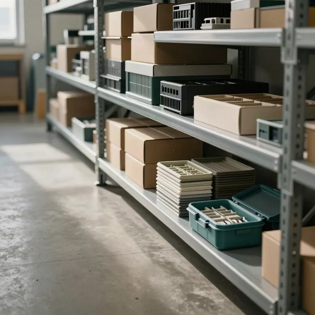 Low shelf with rollout kits moving from grey trays into teal-accented modules, lit by dust-filled daylight.