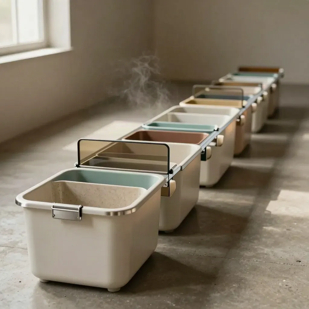 Studio workflow bins and trays aligned into one clear routing lane in a hazy industrial space