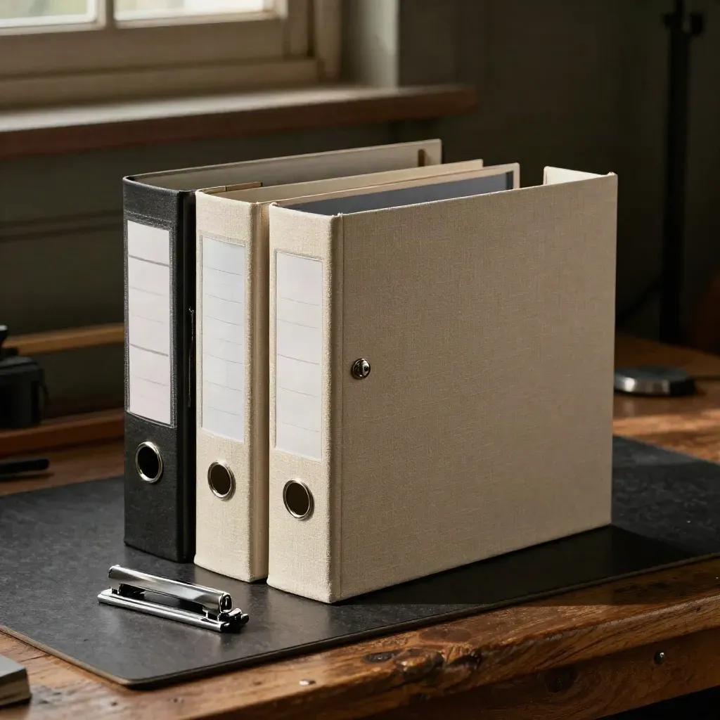 Macro still life of SOP binders, dividers, punch and clip case on a walnut bench.