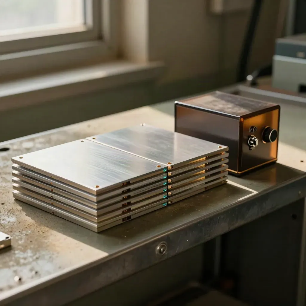 Workflow rollout tiles, amber and teal markers, and a relay box on an industrial ledge.