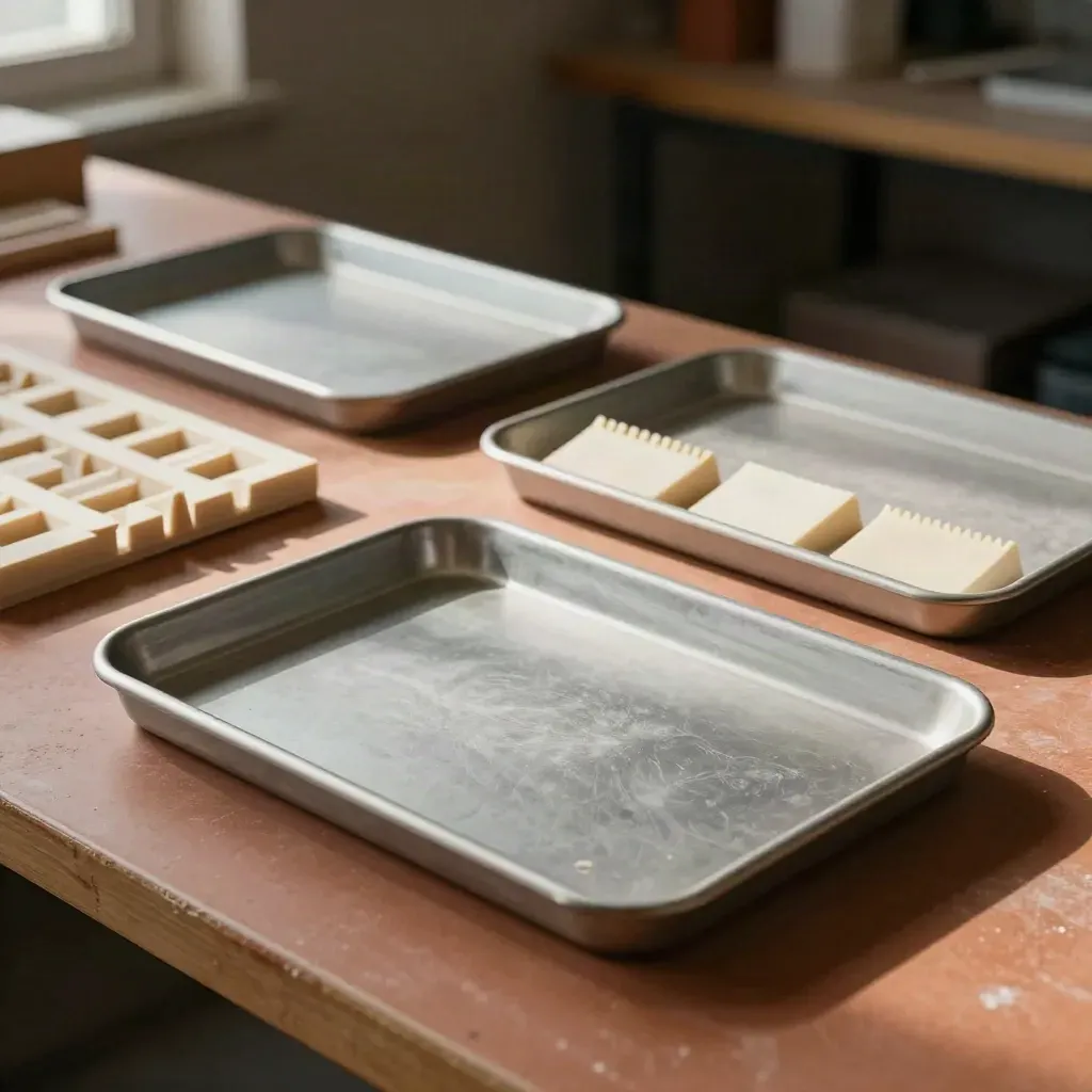 Practice trays, sample blocks, and a fold-flat setup rack on a warm terracotta workbench.