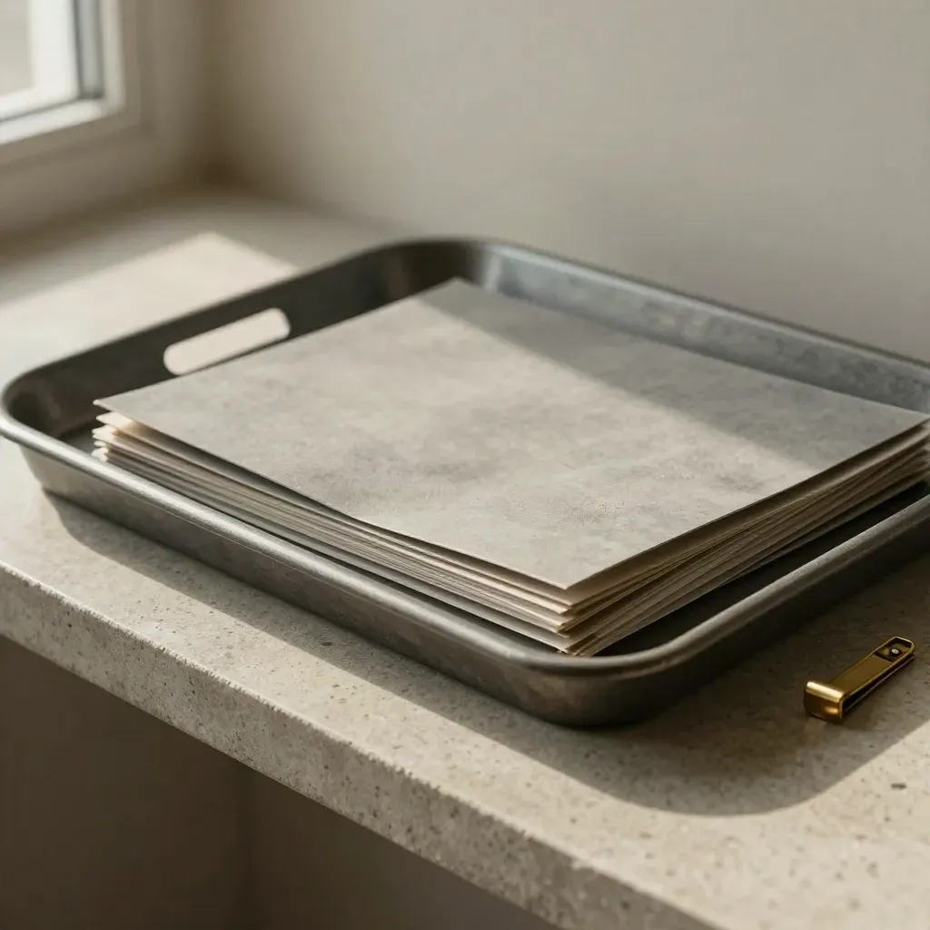 Top-down audit tray with empty folders, divider stack, brass clip, and paper dust on stone
