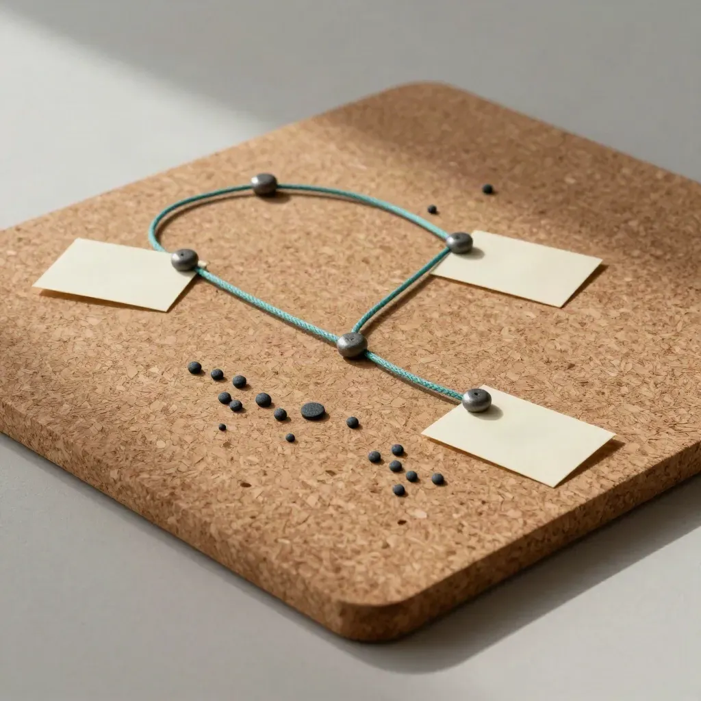 Corkboard route with teal cord, dots, and blank cards on pale wood.