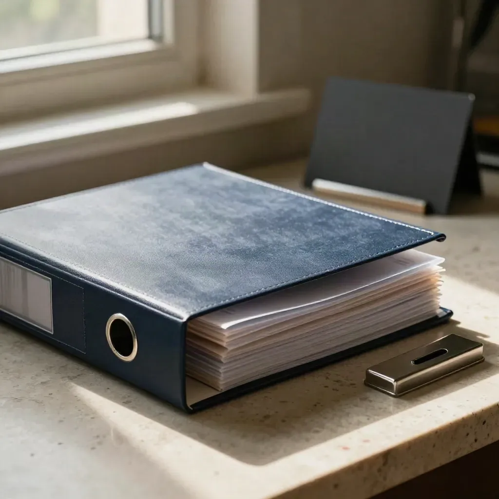 Navy binder, tabbed dividers, acetate sleeves, and metal clip block on limestone