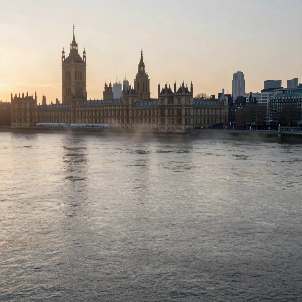 Thames at blue hour with Westminster and the City skyline above a calm misty river