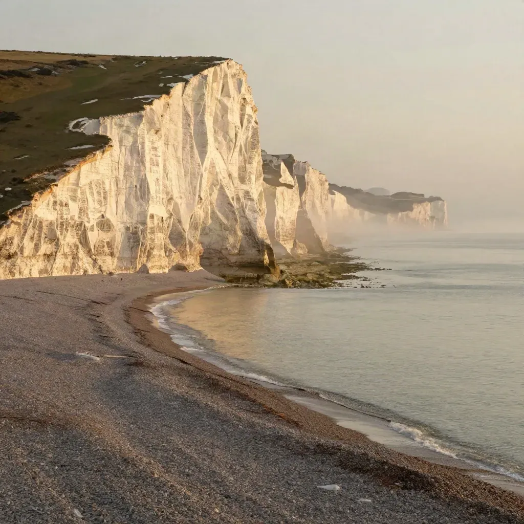 White chalk cliffs above a hazy shingle beach and calm sea at golden hour