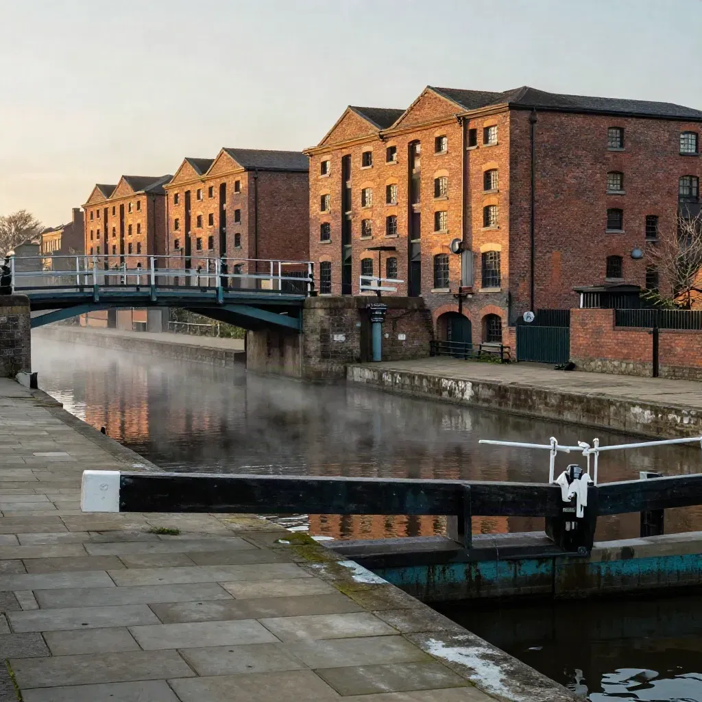 Misty Midlands canal skyline with brick warehouses, bridges, and reflective water at sunrise.