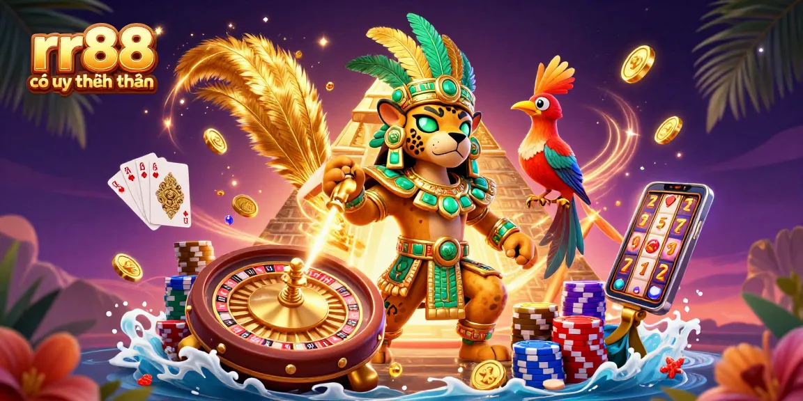 Engage with the vibrant world of rr88 có uy tín không, featuring a Mayan jaguar priest surrounded by casino elements.