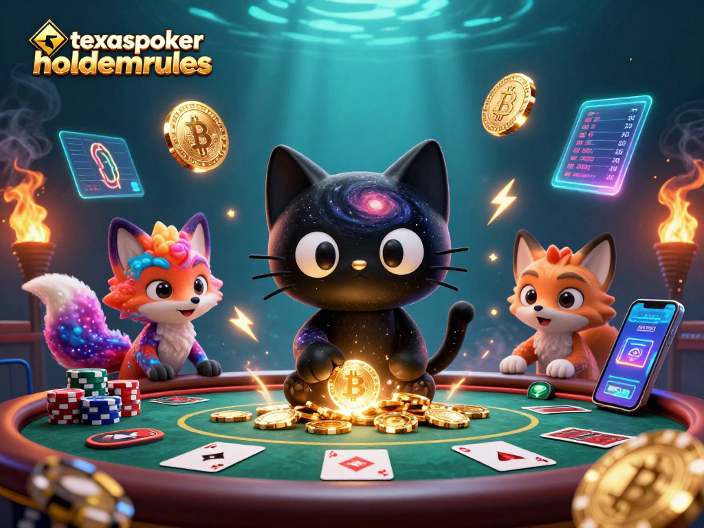 texaspokerholdemrules showcases a cosmic casino scene with a black hole cat attracting poker chips and cards.