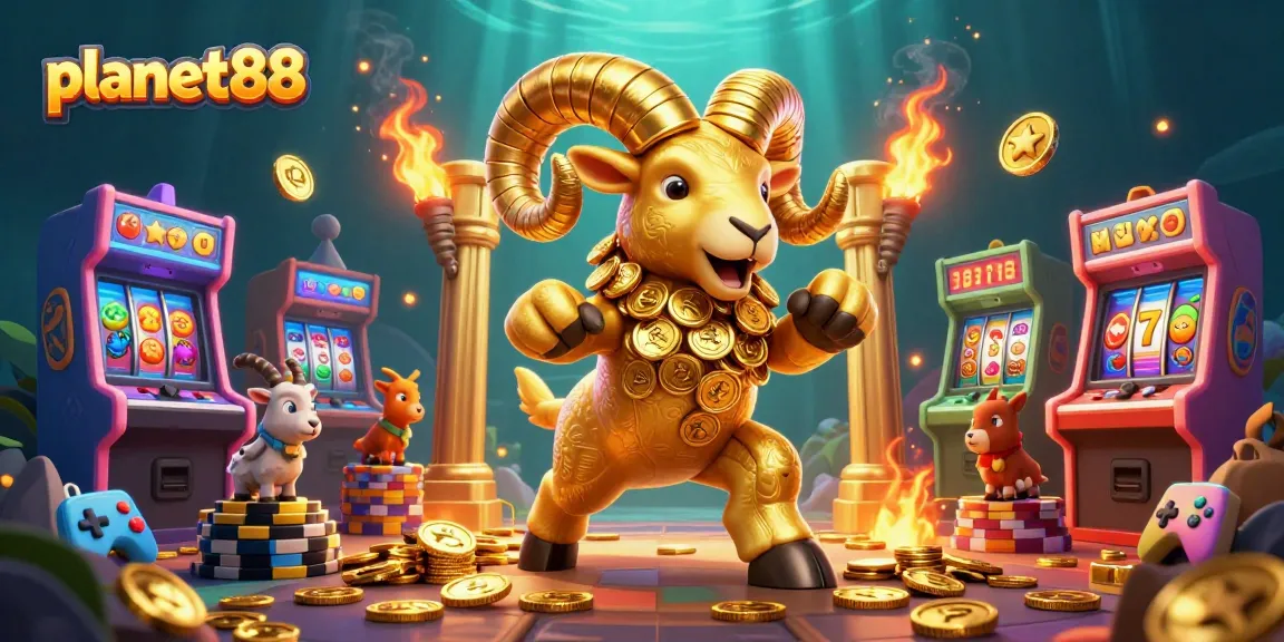 Experience thrilling gameplay with planet88's vibrant 3D casino scene featuring golden ram and game symbols.