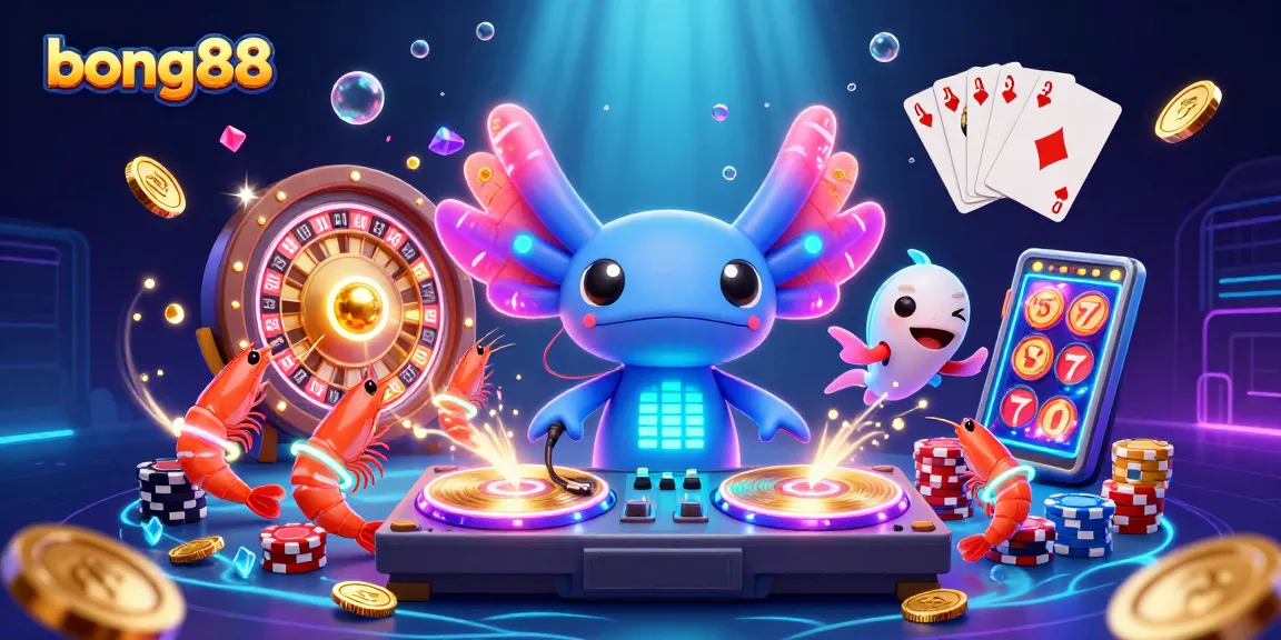Experience the thrill of bong88 with vibrant casino-themed digital art featuring a DJ axolotl and game elements.