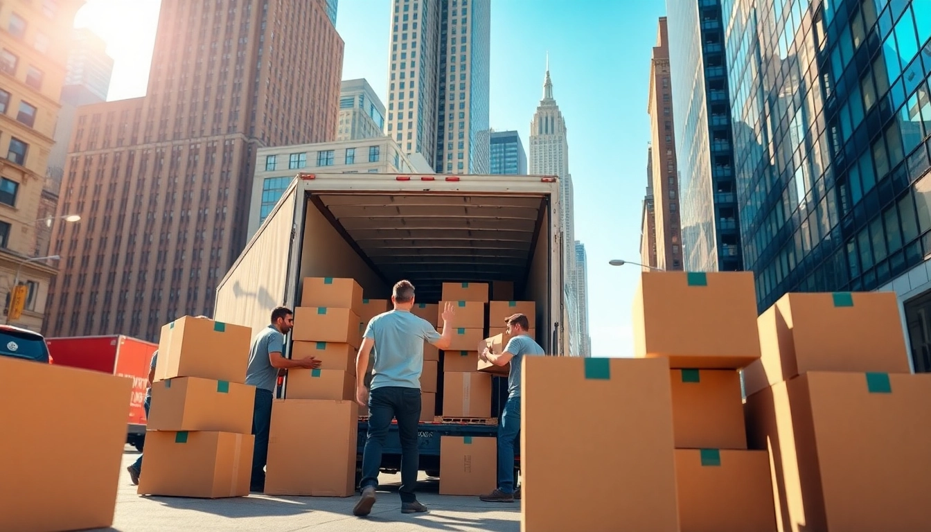 Streamlined Commercial Moving Services NYC with expert movers in action amidst NYC skyline.