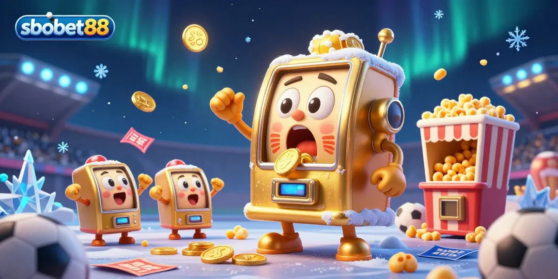 sbobet88 showcases a lively jackpot scene with a golden slot machine and sports betting elements, celebrating a big win.