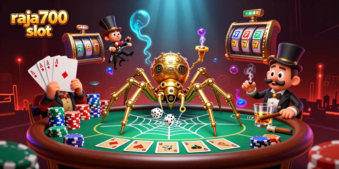 Raja700 slot menampilkan ilustrasi 3D dengan laba-laba steampunk dan elemen judi yang memikat.