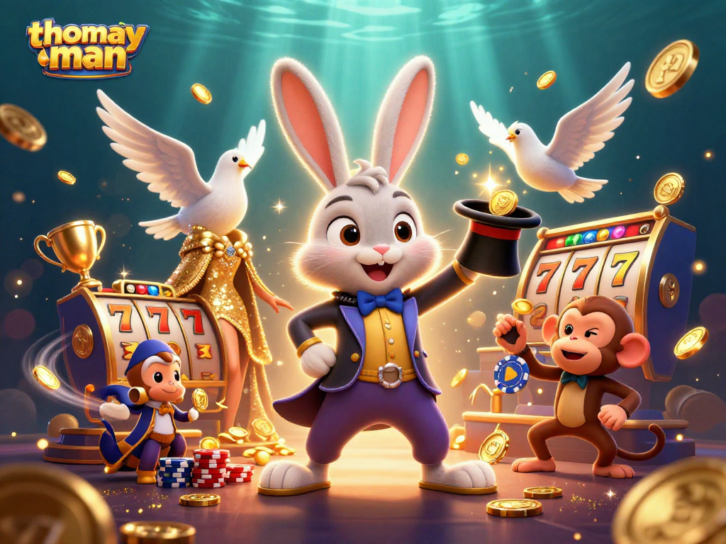 Win big with thomayman as a magician rabbit pulls golden coins amid dazzling casino action.