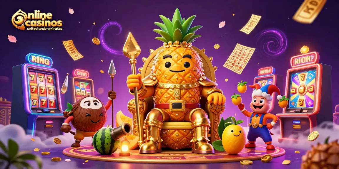 Experience the excitement of online casinos united arab emirates with a vibrant 3D casino scene featuring a pineapple king and lively characters.