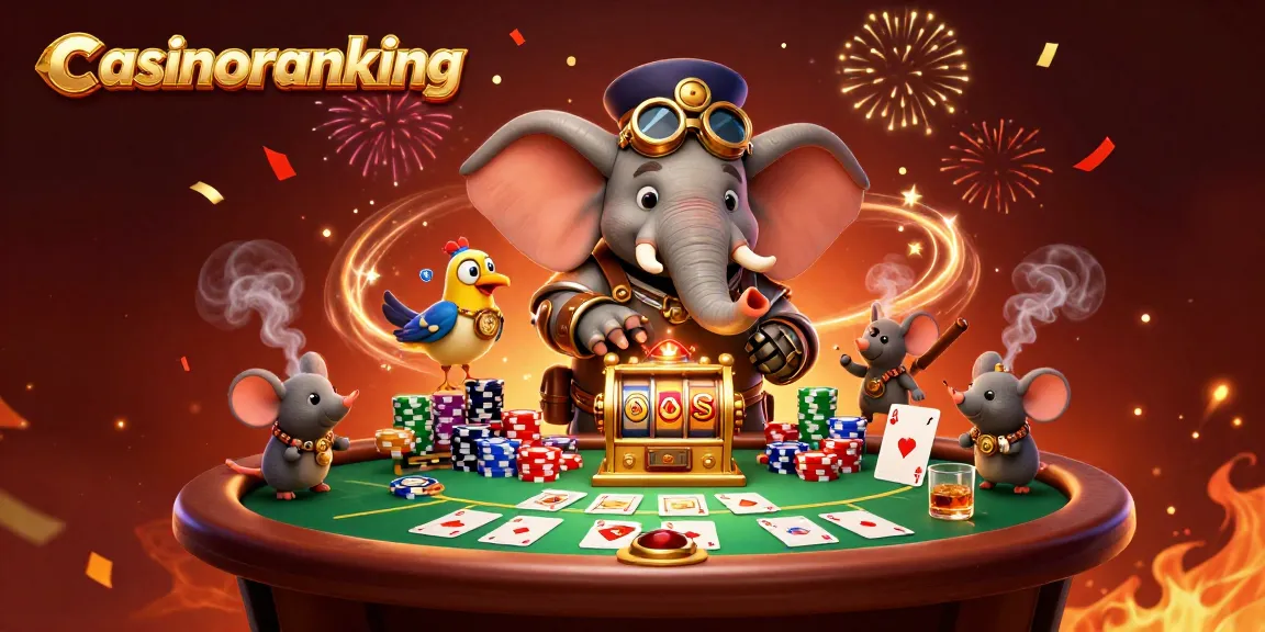 Experience the excitement at Casinoranking with a steampunk elephant winning at a golden slot machine.